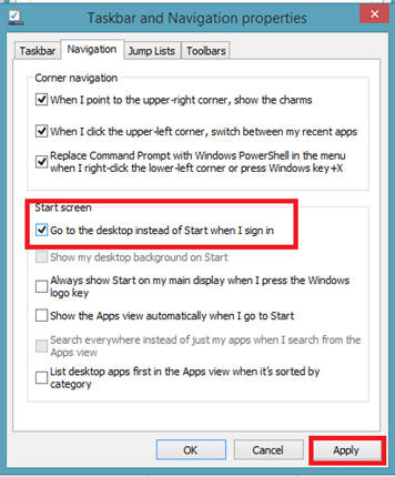 Windows 8.1 Taskbar Properties, Start Screen Settings